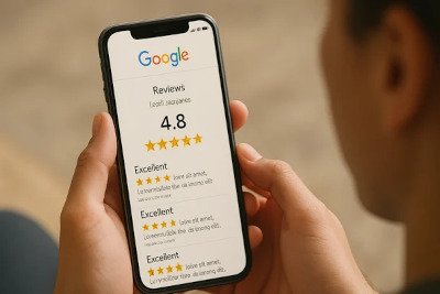 Smartphone mit Sternebewertung auf einem Bildschirm und Notizen daneben